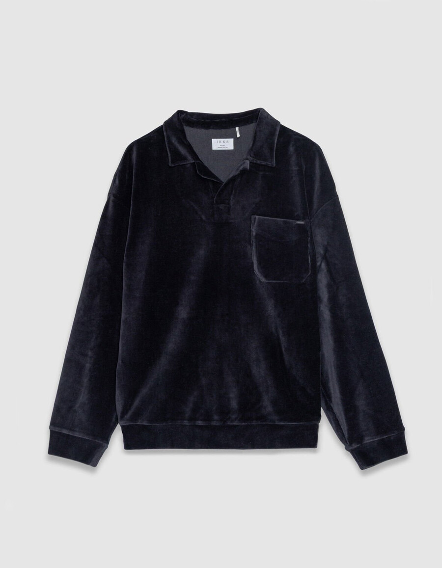 polo de manga larga de punto de terciopelo negro para hombre