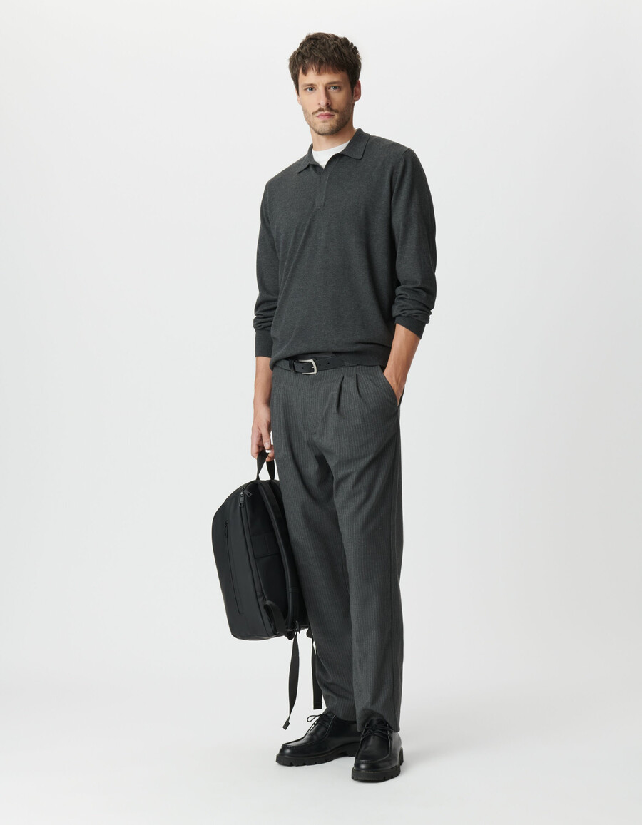 polo de punto gris de manga larga para hombre