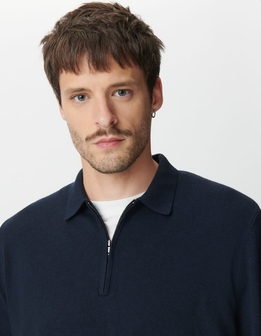 polo azul marino de manga larga con cremallera para hombre