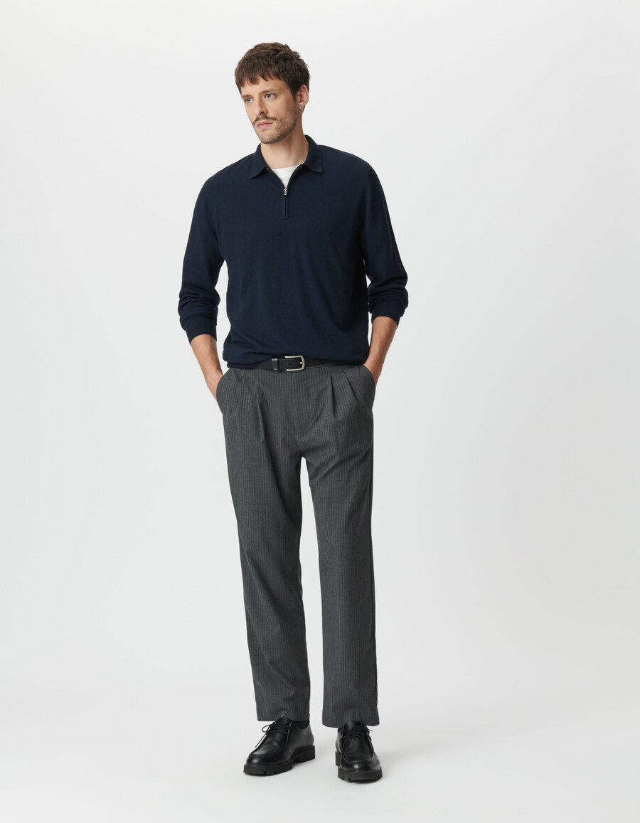 polo azul marino de manga larga con cremallera para hombre