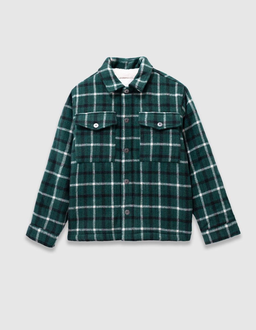 chaqueta tipo camisa con forro de piel y cuadros verdes para niño