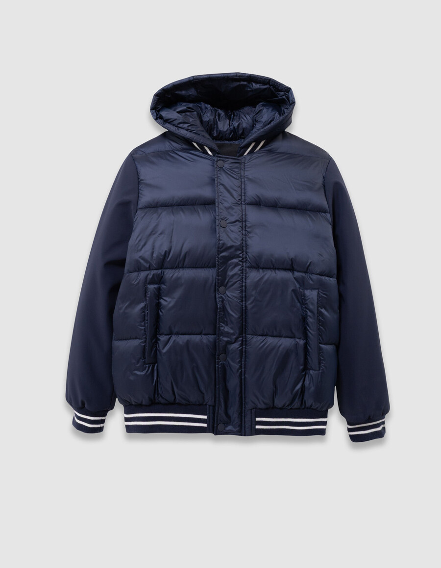 chaqueta acolchada con capucha de tejido mixto azul marino para niño