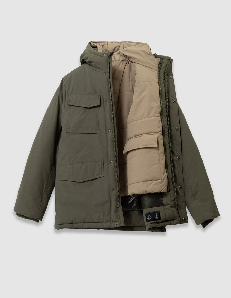 parka caqui 3 en 1 y chaqueta acolchada reversible para niño