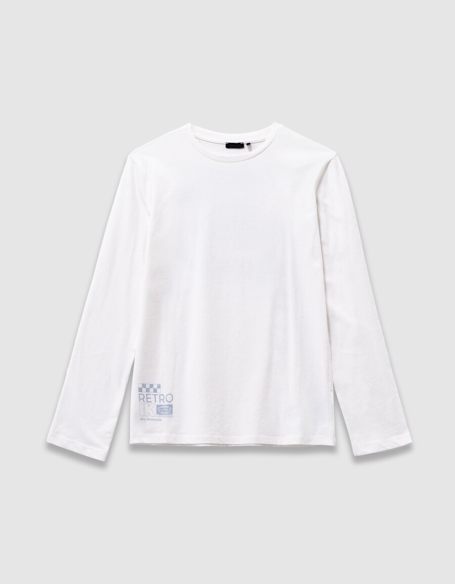 camiseta blanca de algodón orgánico para niño con imagen de coche en la espalda