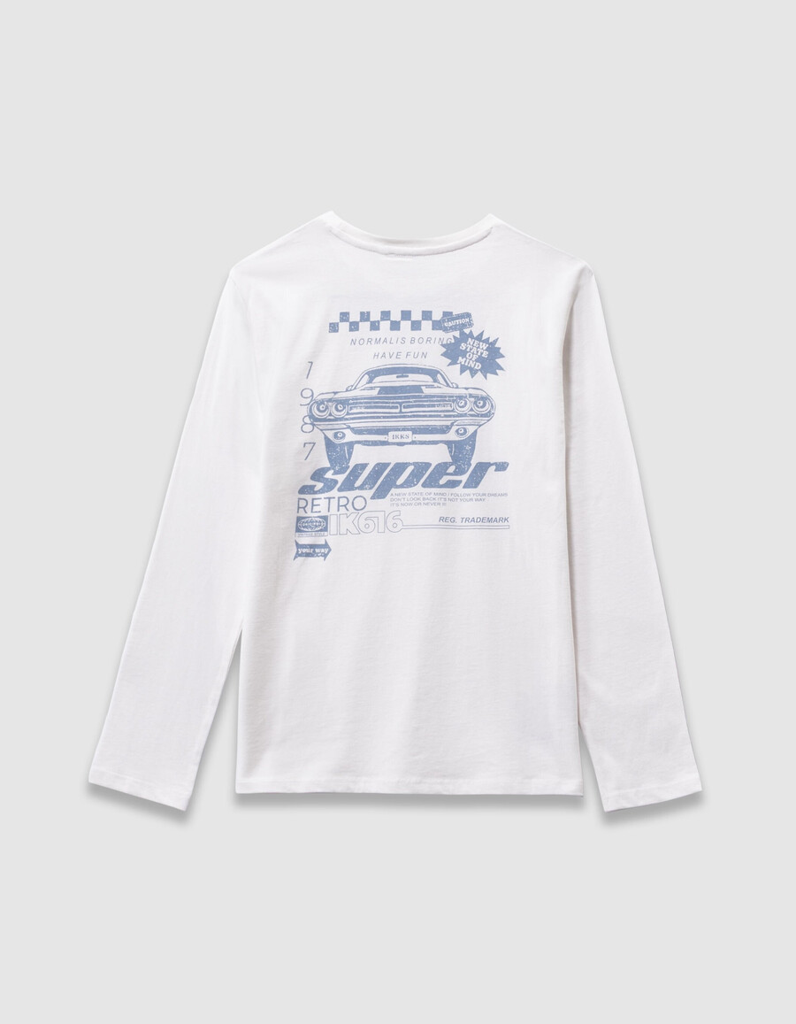 camiseta blanca de algodón orgánico para niño con imagen de coche en la espalda
