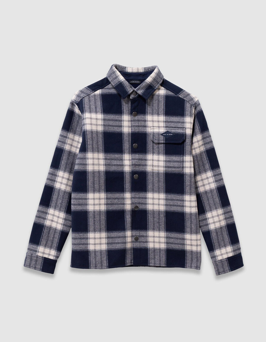 camisa de cuadros azul marino para niño con capucha desmontable