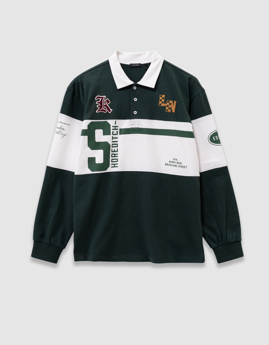 polo verde de manga larga para niño estampado y bordado