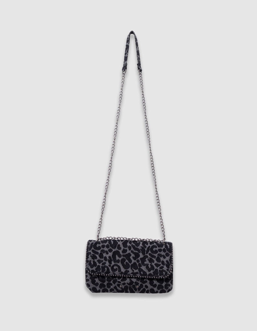 bolso negro para niña con estampado de leopardo y borde de microperlas