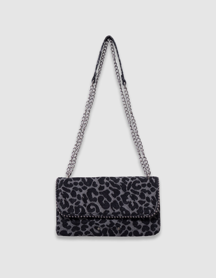 bolso negro para niña con estampado de leopardo y borde de microperlas