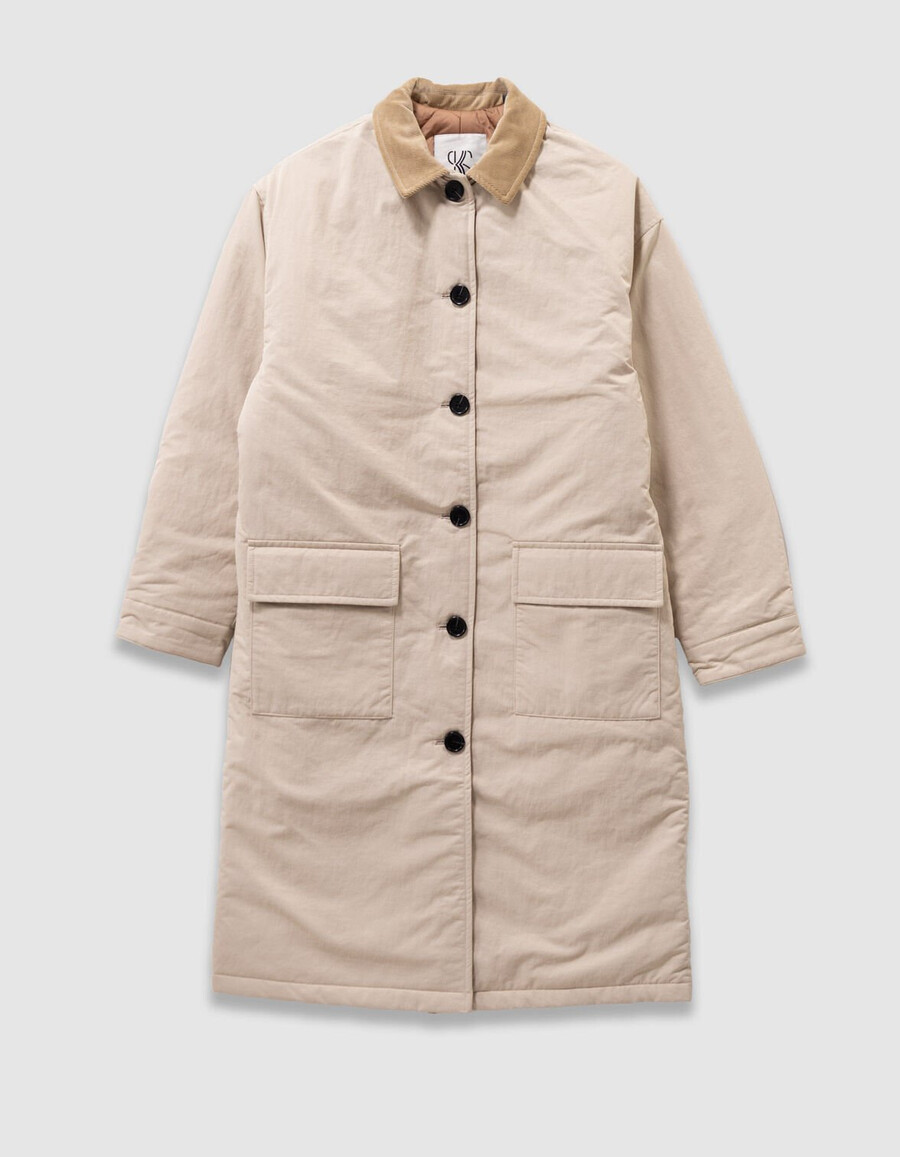 gabardina beige con cuello de terciopelo para niña