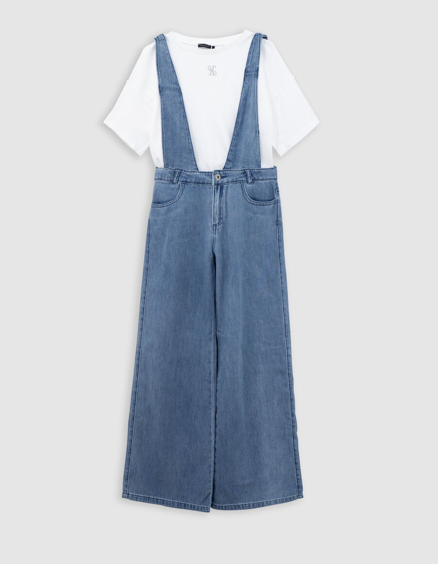 conjunto de peto azul y camiseta blanca para niña