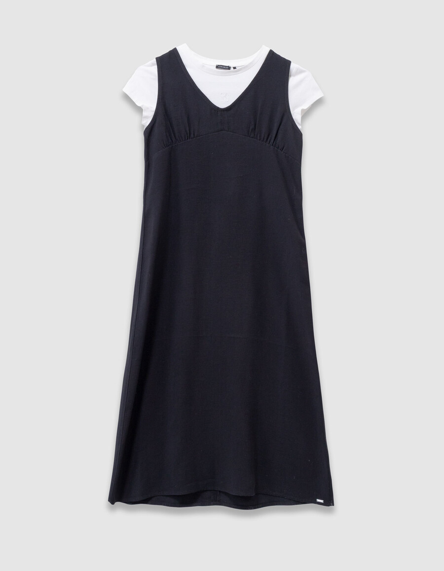 vestido midi negro 2 en 1 para niña y camiseta corta blanca