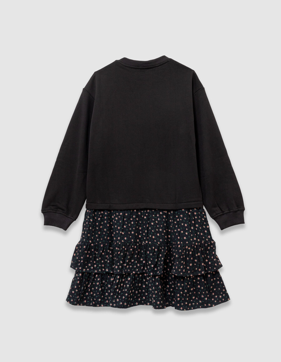 vestido tipo sudadera para niña de tejido mixto color negro con estampado de flores