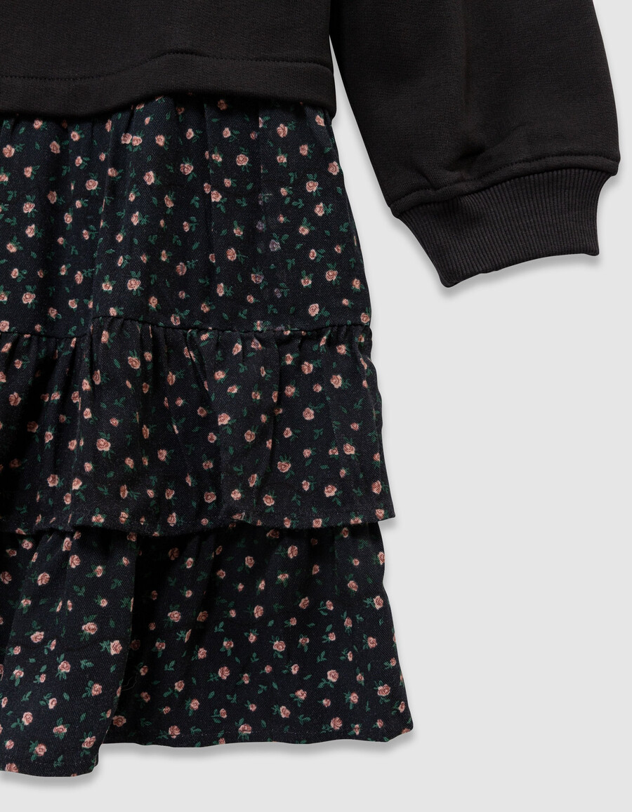vestido tipo sudadera para niña de tejido mixto color negro con estampado de flores
