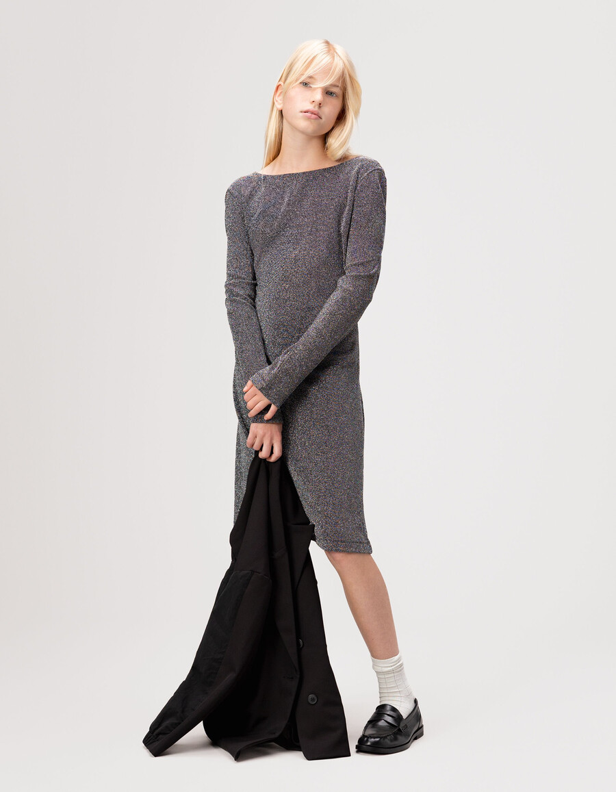 vestido ajustado de punto negro brillante para niña