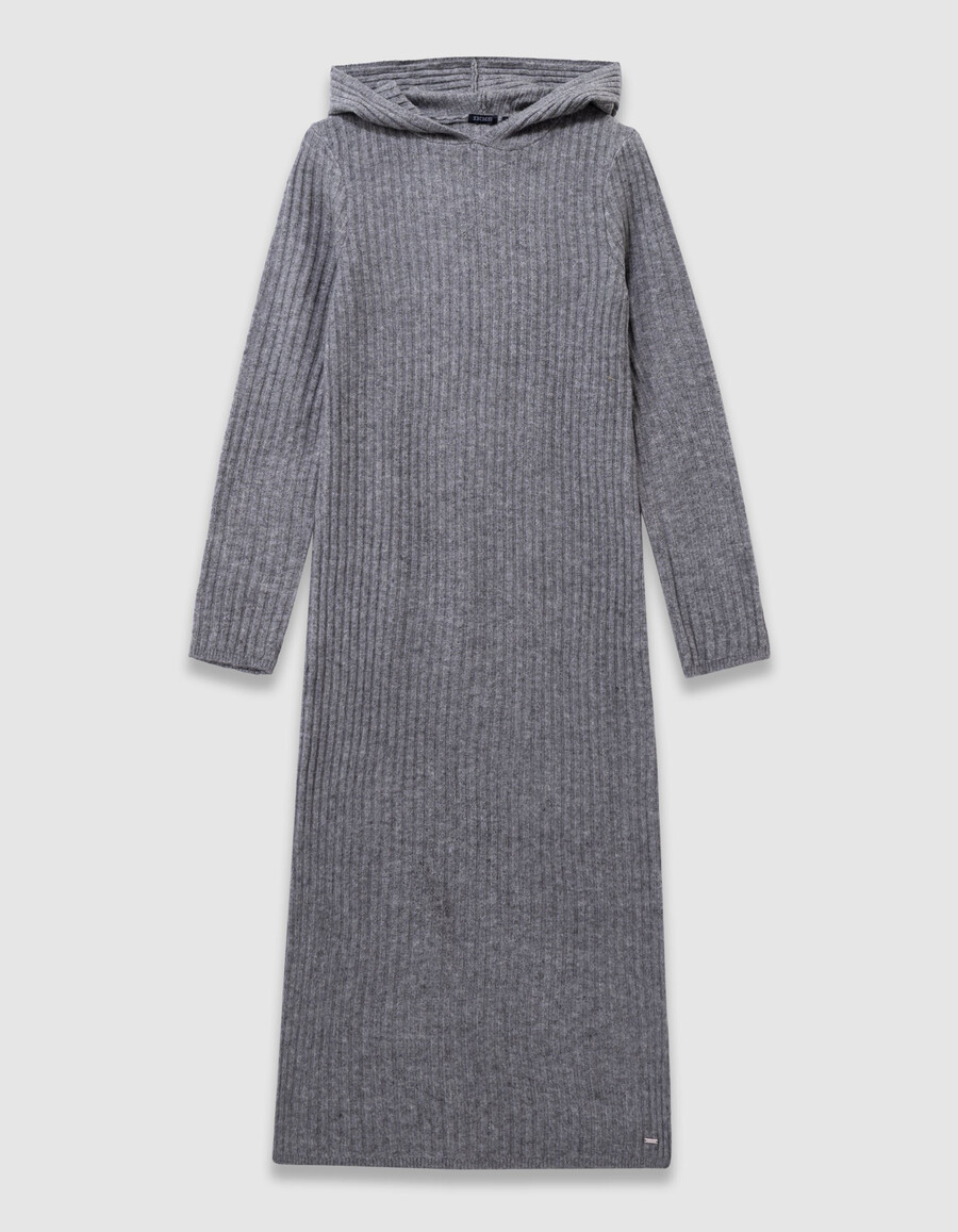 vestido de punto acanalado gris con capucha para niña