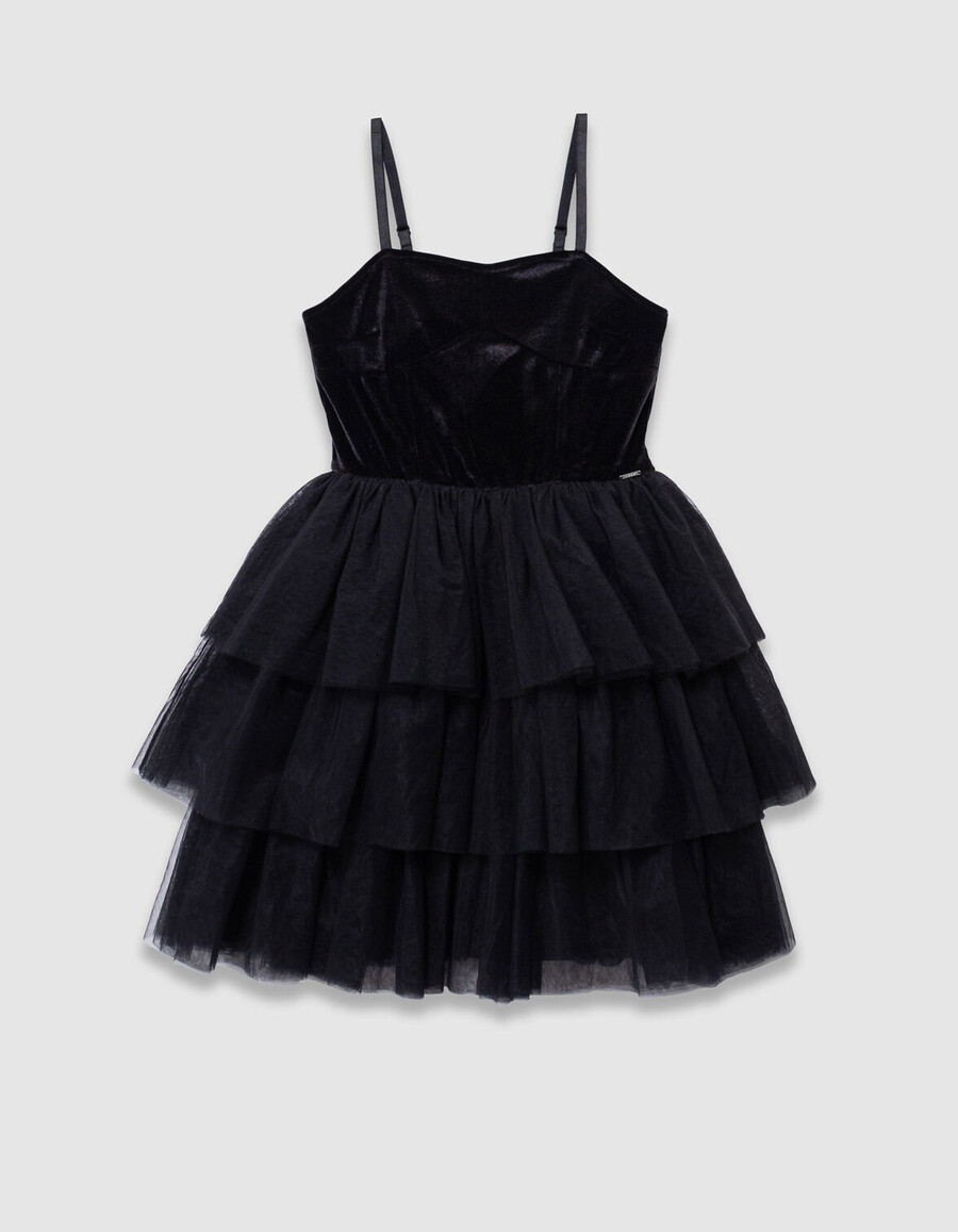vestido bustier de terciopelo y tul negro para niña