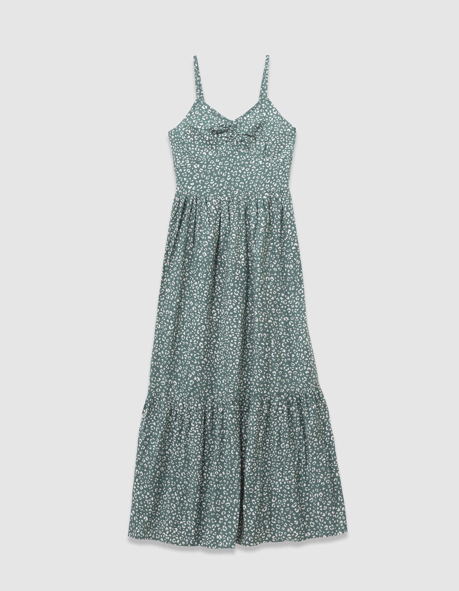 vestido largo de tirantes verde para niña con estampado de leopardo
