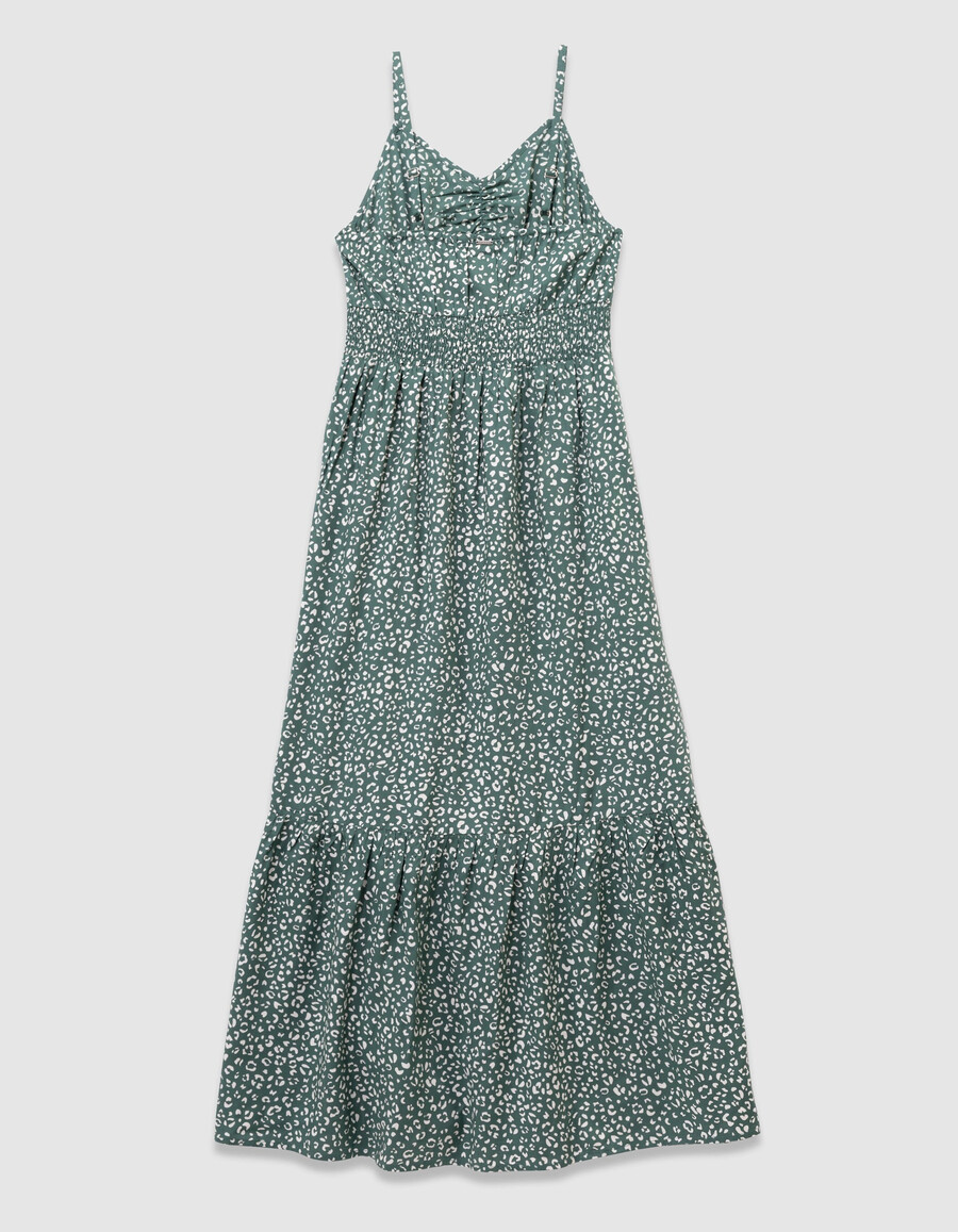 vestido largo de tirantes verde para niña con estampado de leopardo