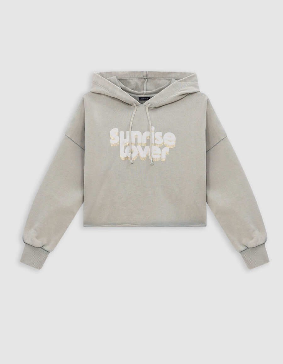 sudadera corta verde con mensaje brillante para niña