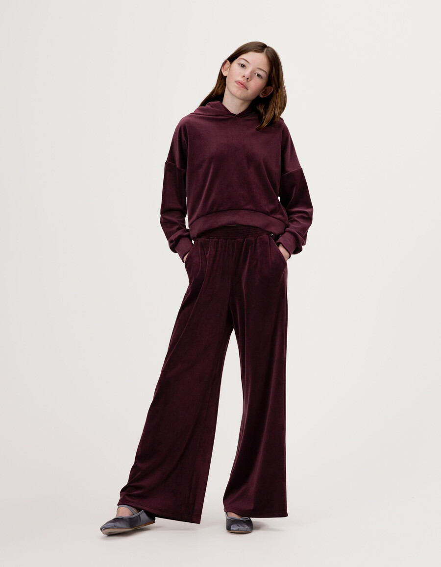 sudadera con capucha de punto de terciopelo burdeos para niña