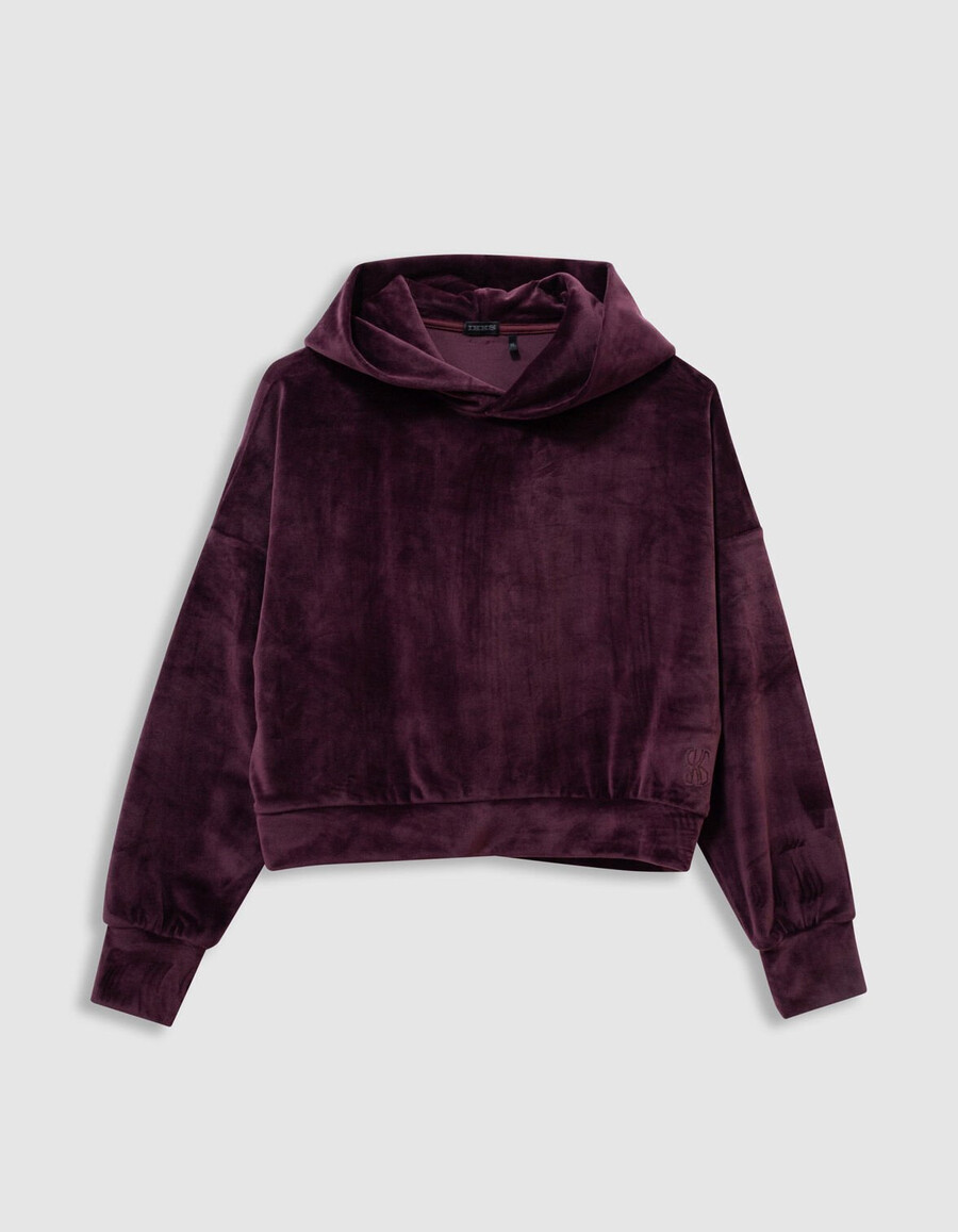 sudadera con capucha de punto de terciopelo burdeos para niña