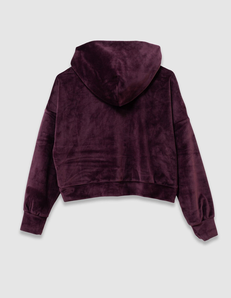 sudadera con capucha de punto de terciopelo burdeos para niña