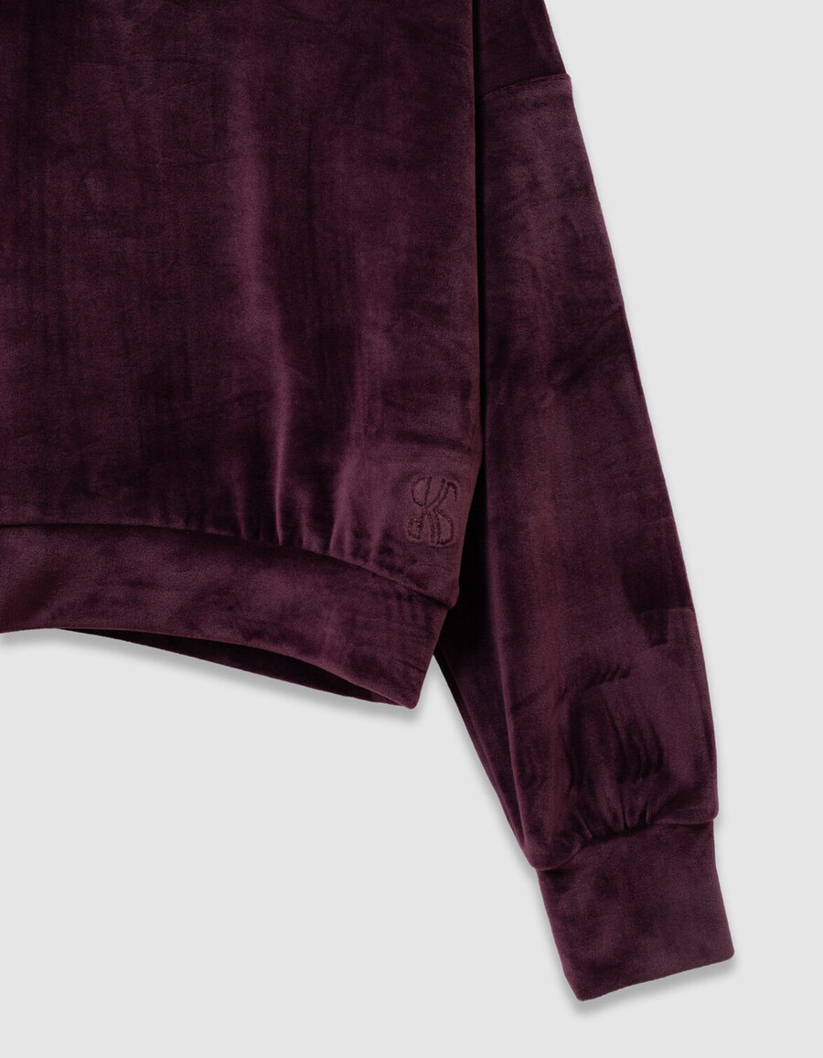 sudadera con capucha de punto de terciopelo burdeos para niña