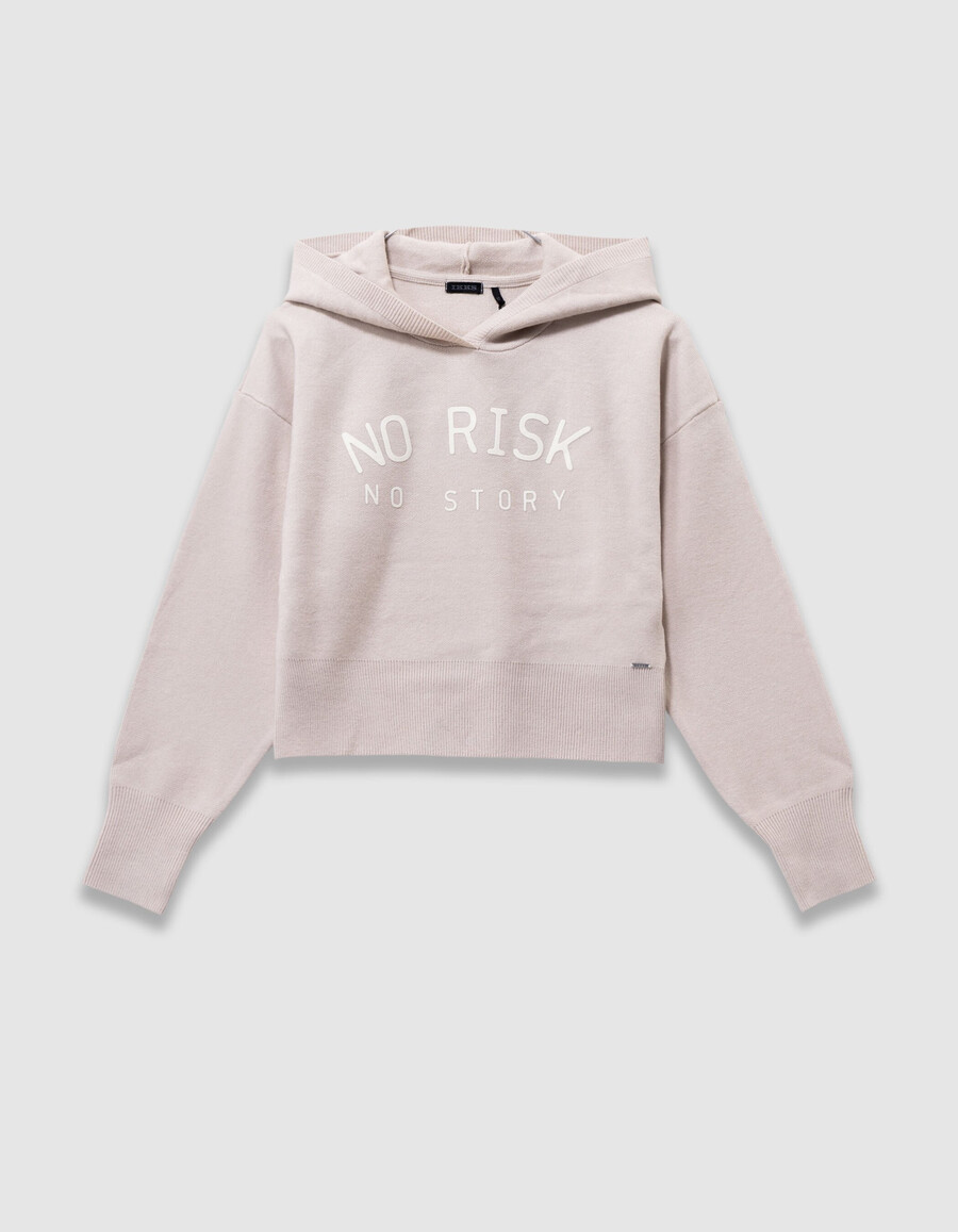sudadera con capucha de punto beige para niña con eslóganes
