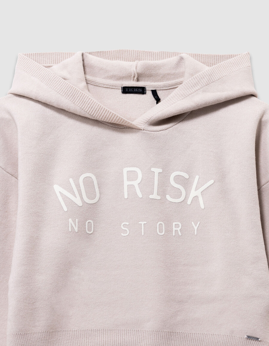sudadera con capucha de punto beige para niña con eslóganes