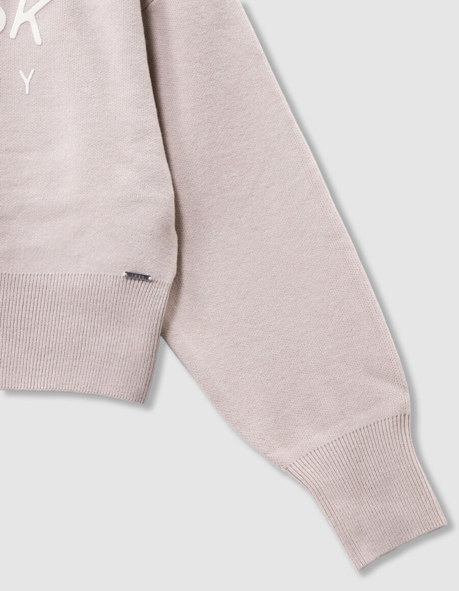 sudadera con capucha de punto beige para niña con eslóganes