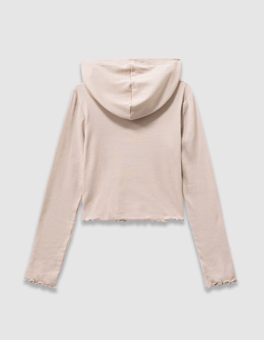 camiseta beige de canalé con capucha y bordado de rosas para niña