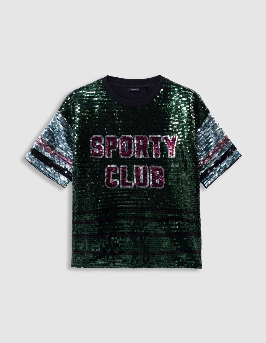 camiseta verde para niña con eslogan bordado de lentejuelas