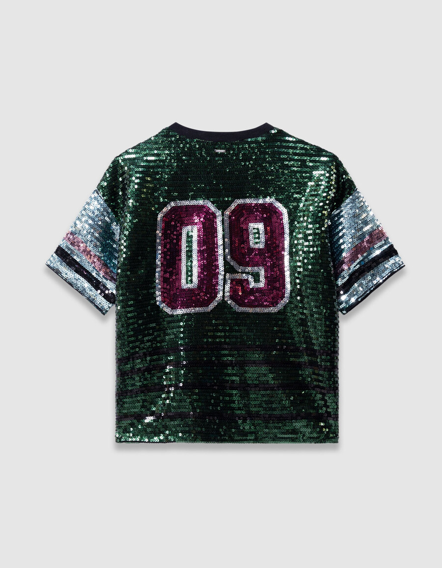 camiseta verde para niña con eslogan bordado de lentejuelas