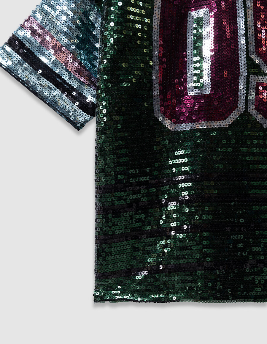camiseta verde para niña con eslogan bordado de lentejuelas