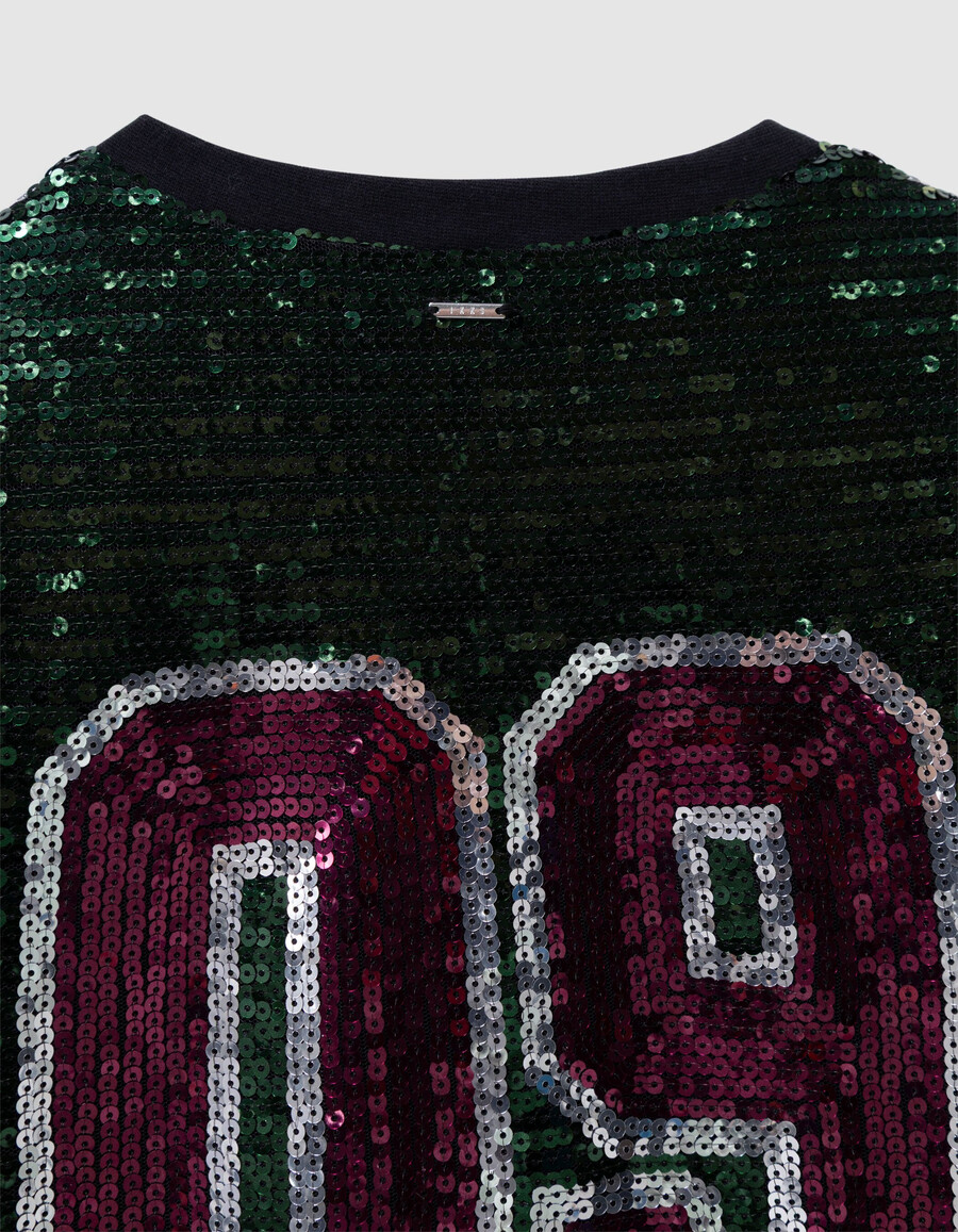 camiseta verde para niña con eslogan bordado de lentejuelas