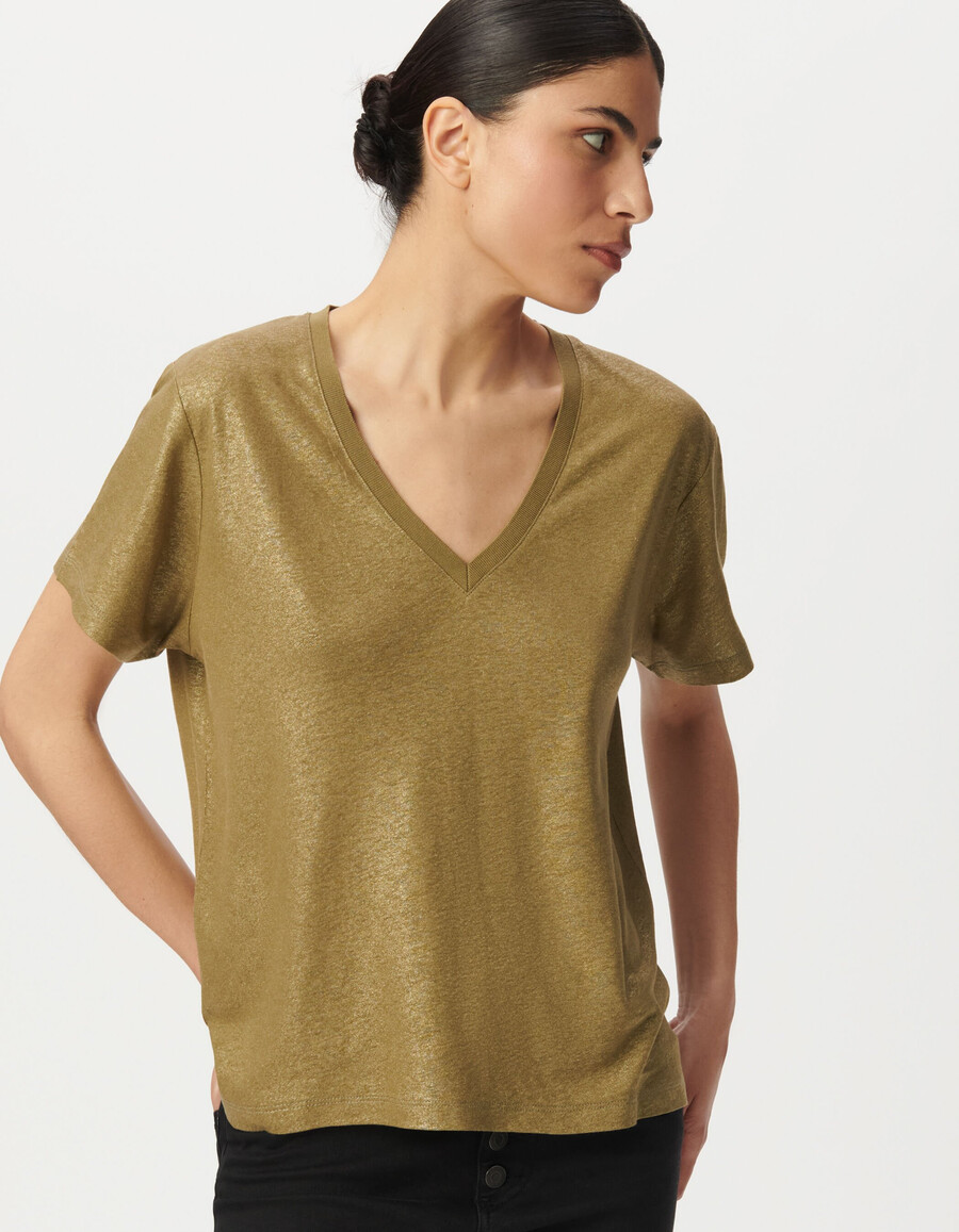 camiseta de manga corta acanalada color caqui iridiscente para mujer