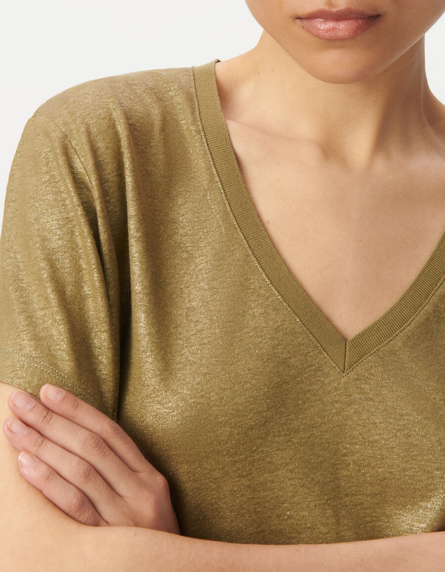 camiseta de manga corta acanalada color caqui iridiscente para mujer