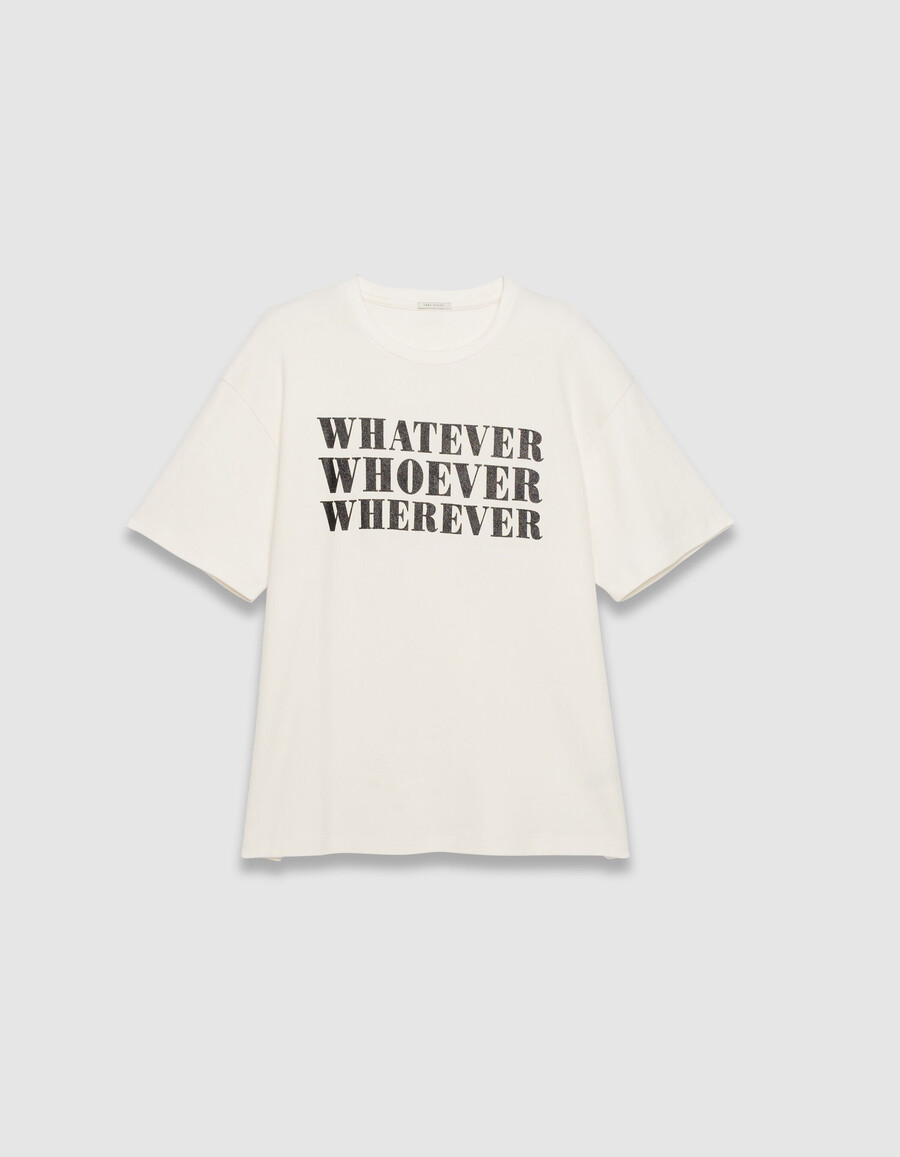 camiseta blanca de mujer con eslogan de purpurina negra