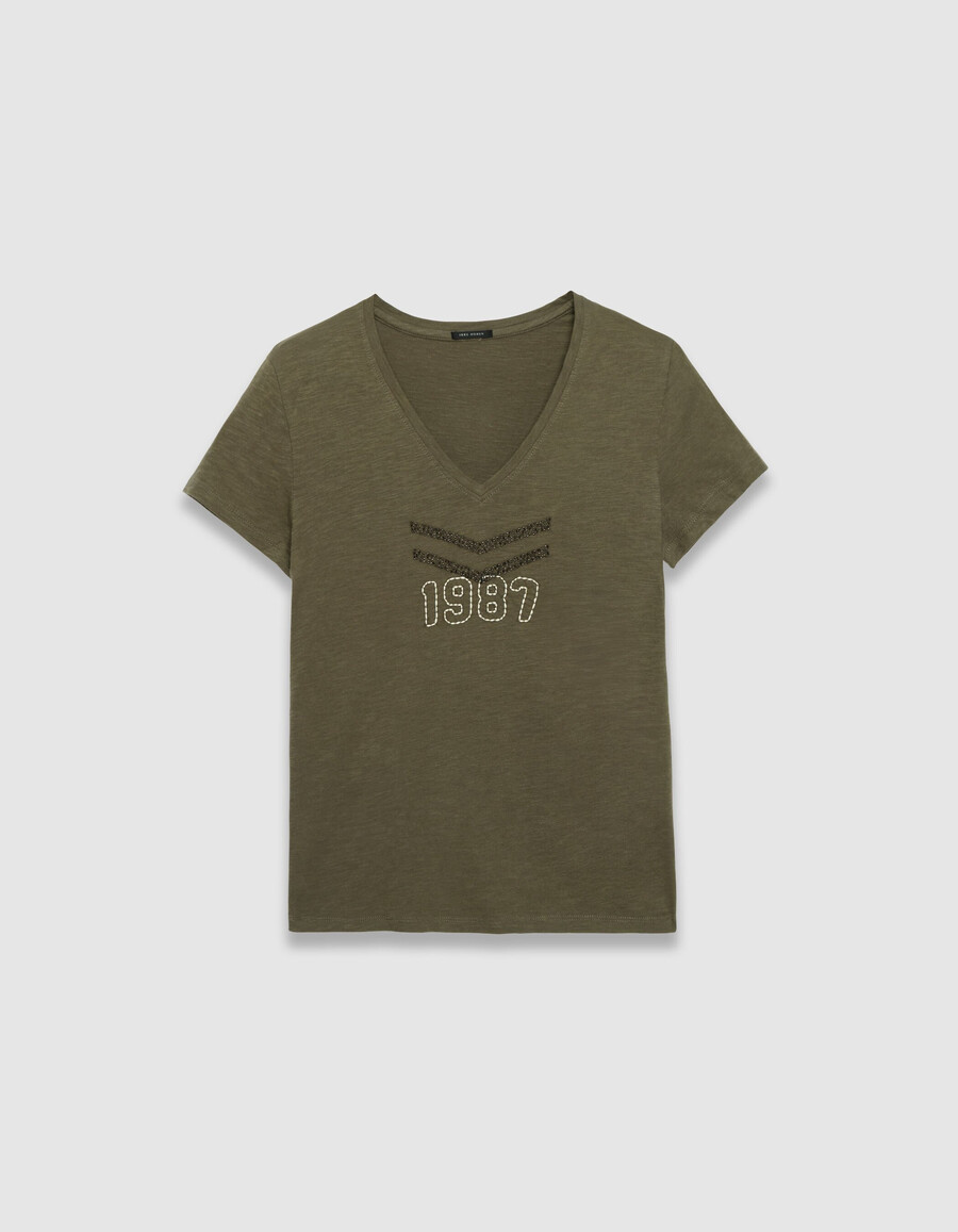 camiseta de algodón orgánico color caqui para mujer con chevrones bordados