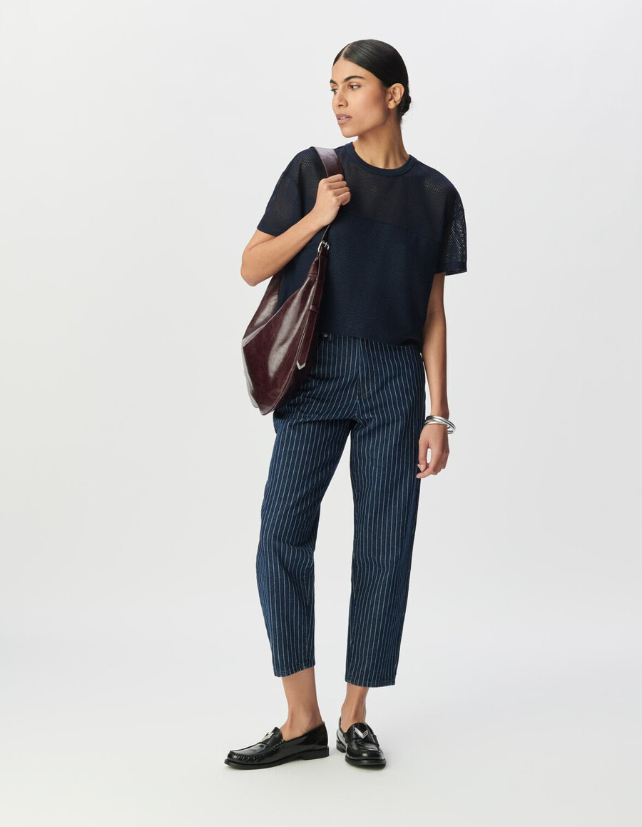 camiseta de malla con relieve azul marino para mujer