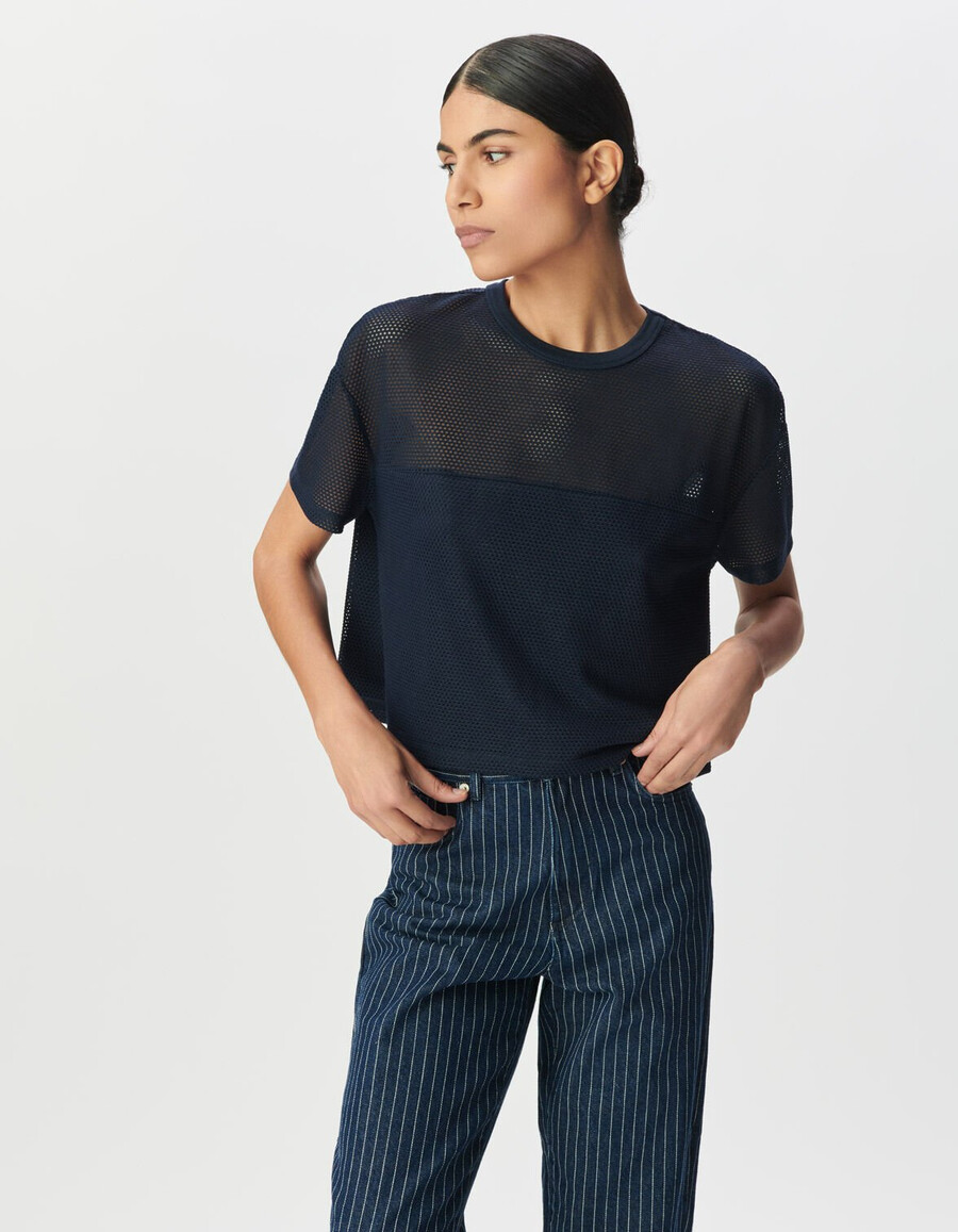 camiseta de malla con relieve azul marino para mujer