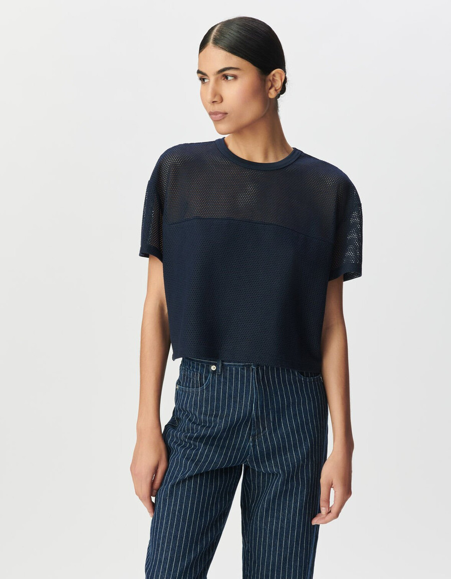 camiseta de malla con relieve azul marino para mujer