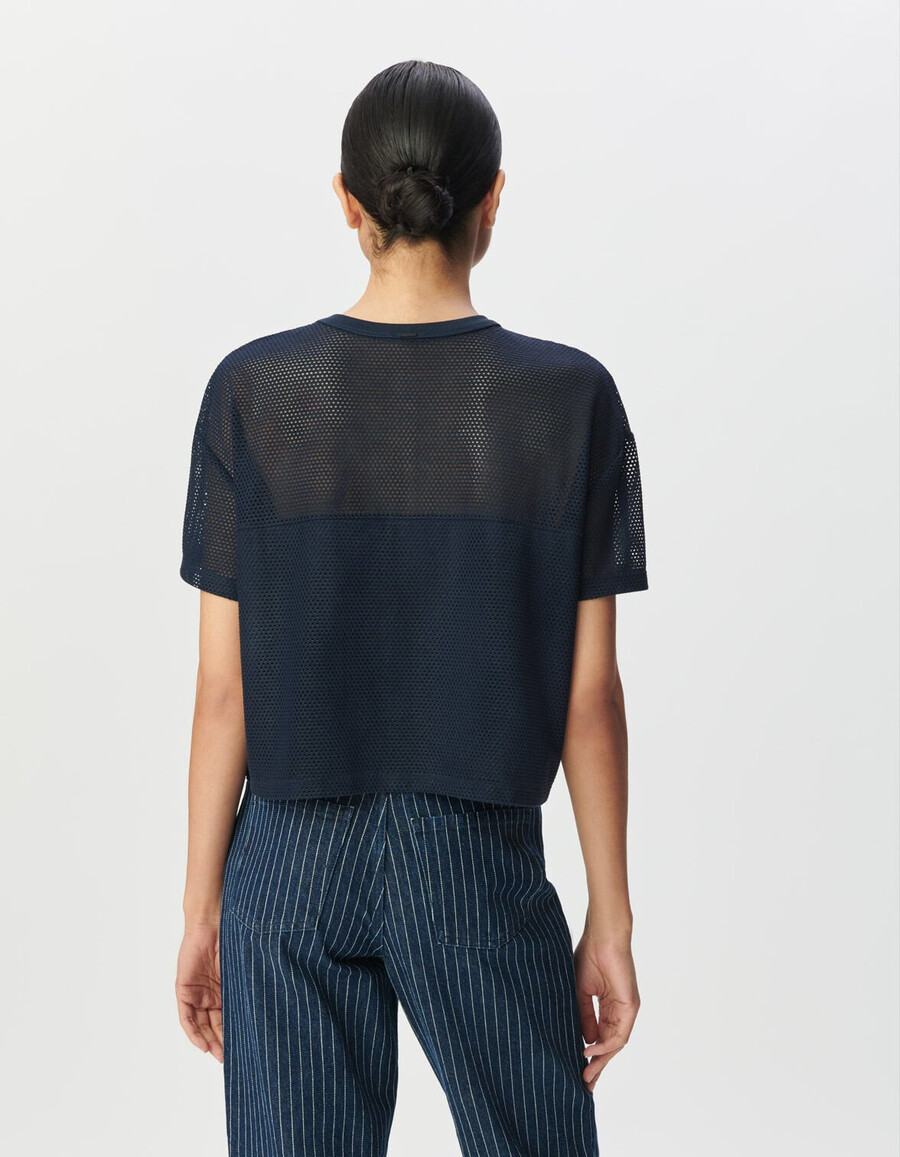 camiseta de malla con relieve azul marino para mujer