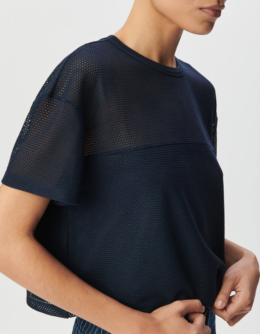 camiseta de malla con relieve azul marino para mujer