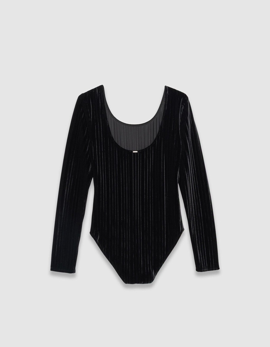 body de punto de terciopelo plisado negro para mujer