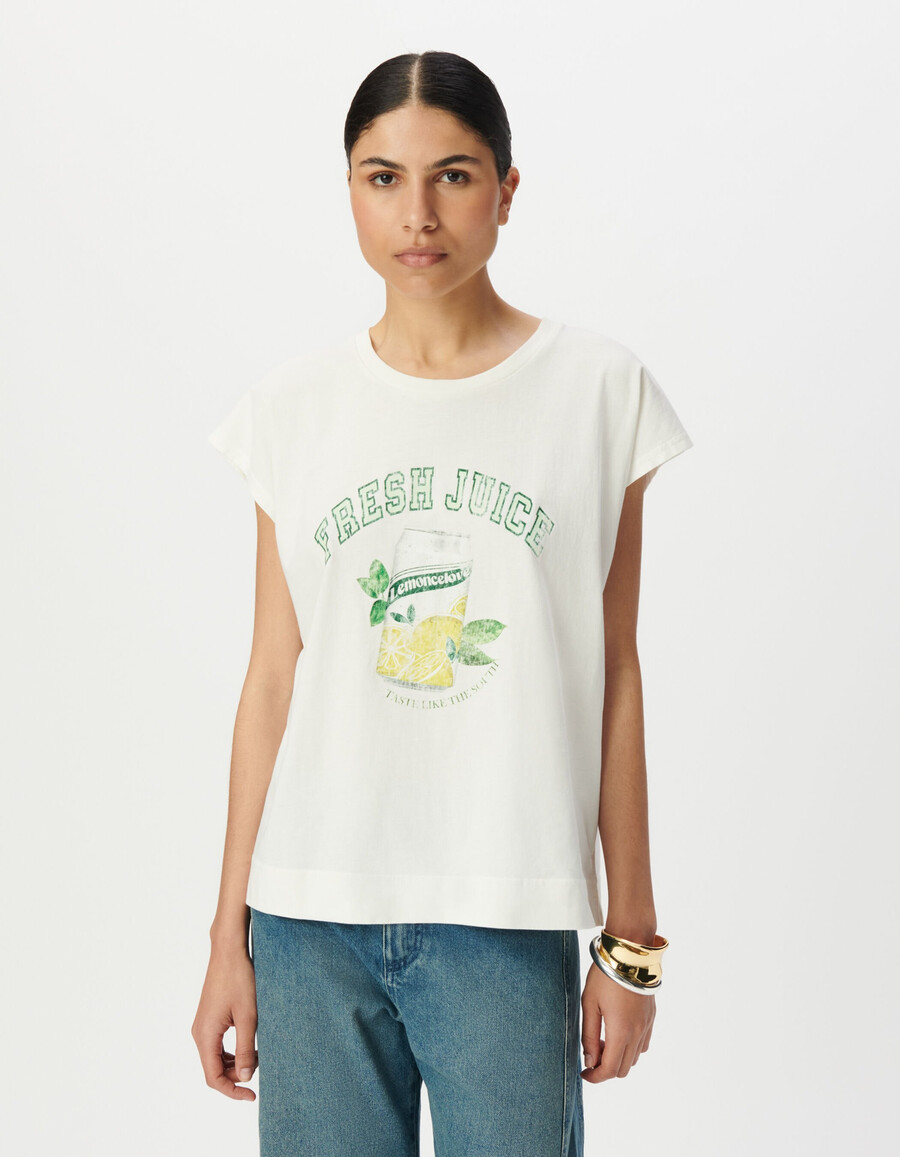 camiseta blanca de manga corta para mujer con imagen de limonada