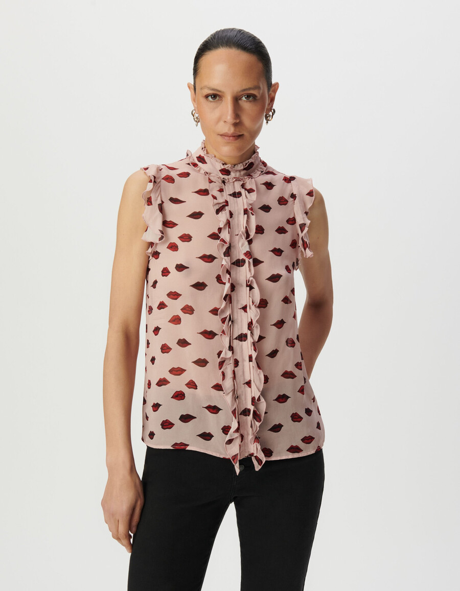 blusa sin mangas de gasa rosa para mujer estampado de boca multicolor