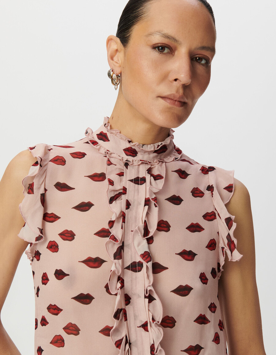 blusa sin mangas de gasa rosa para mujer estampado de boca multicolor