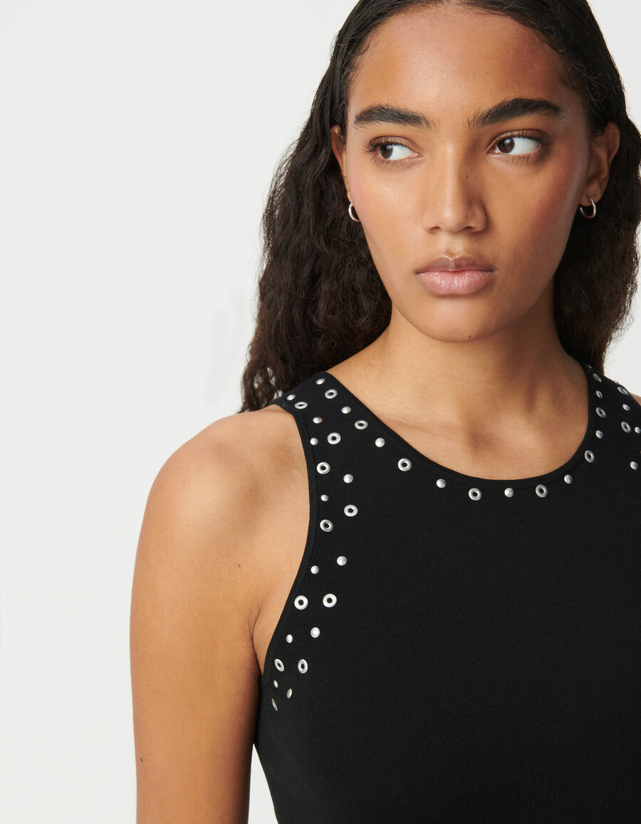 top de punto negro sin mangas para mujer con tachuelas